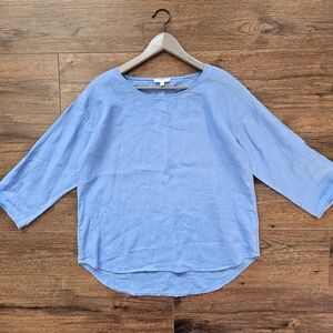 Eileen Fisher Womens XS Washed Pure Irish Linen Blue Handkerchief Tunic Blouse